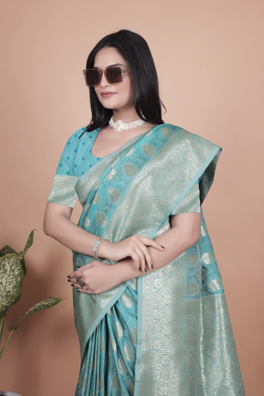 Sky Blue Banarasi Silk Saree with Silver Zari Butti and Ornate Pallu