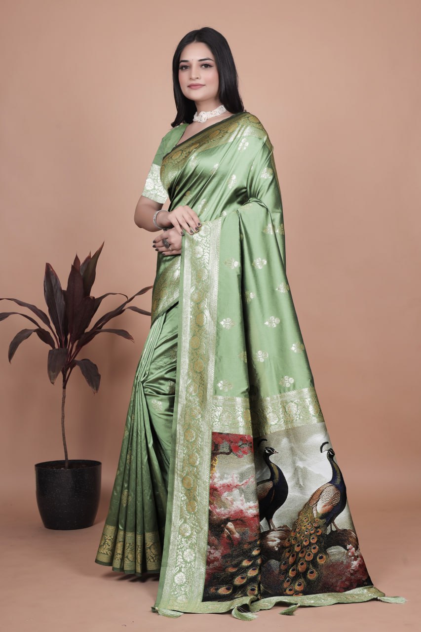 Elegant Sage Green Banarasi Silk Saree with Majestic Peacock Pallu