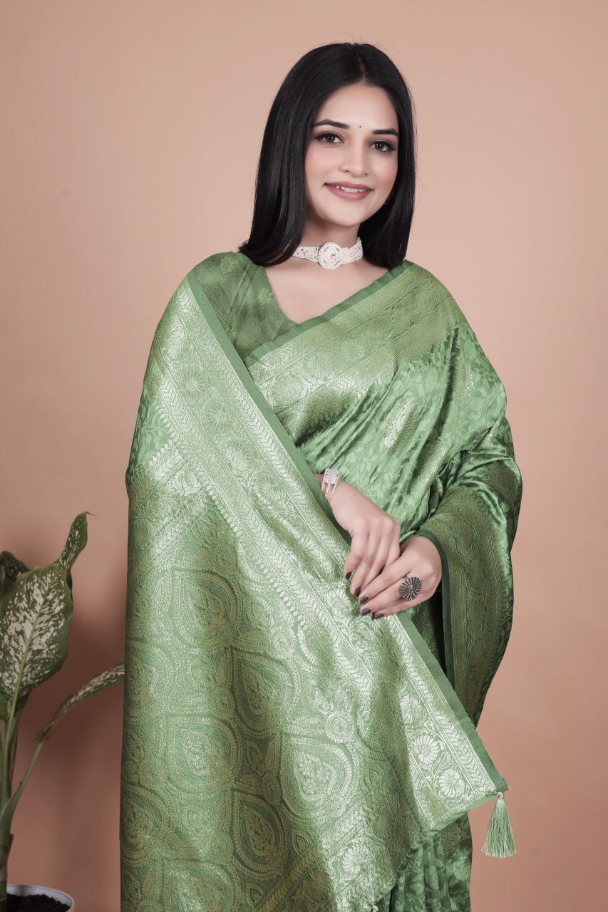 Pista Green Banarasi Silk Saree with Silver Zari Butti and Ornate Pallu