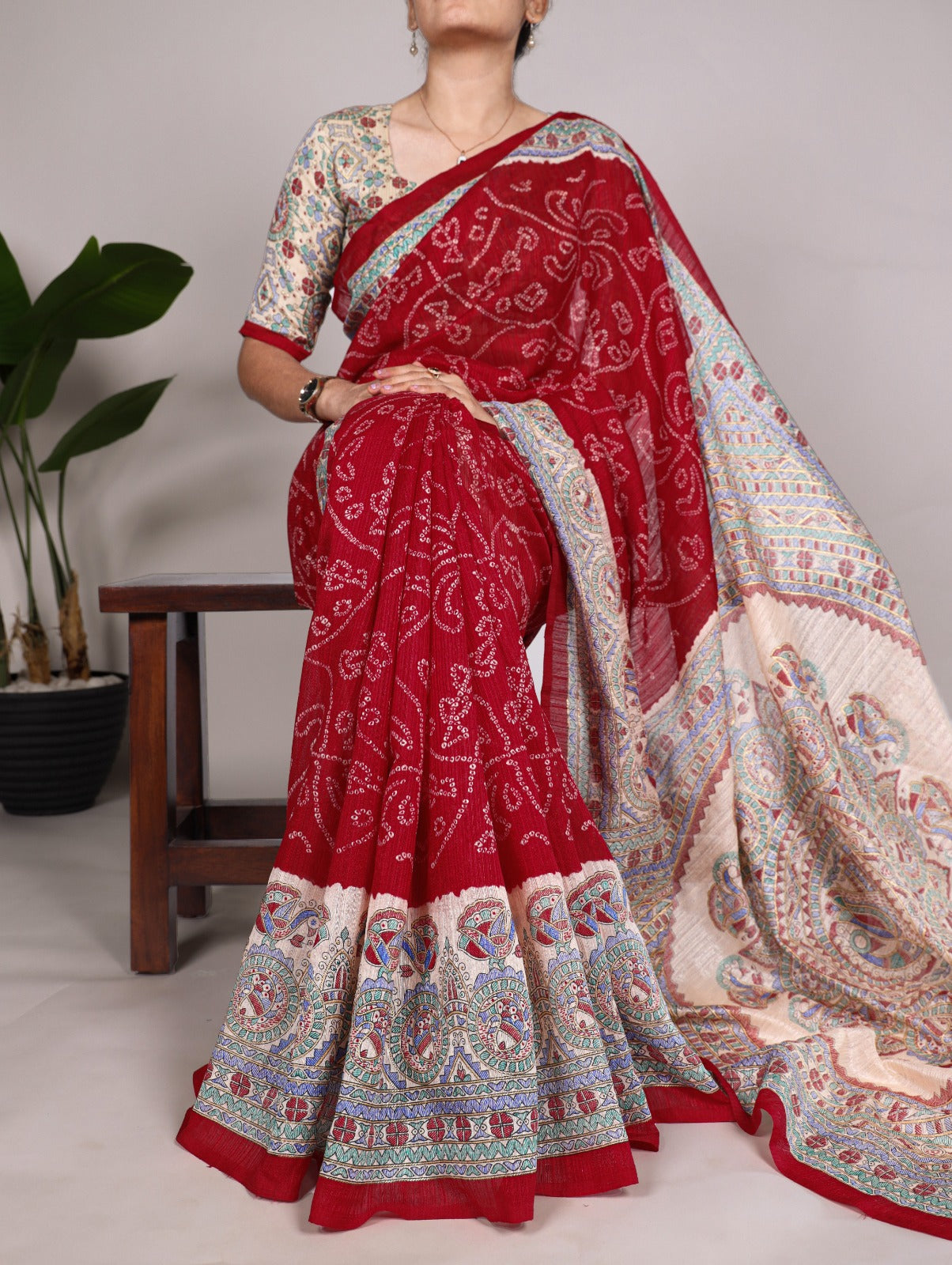 Fusion Of Madhubani and Bandhej Saree