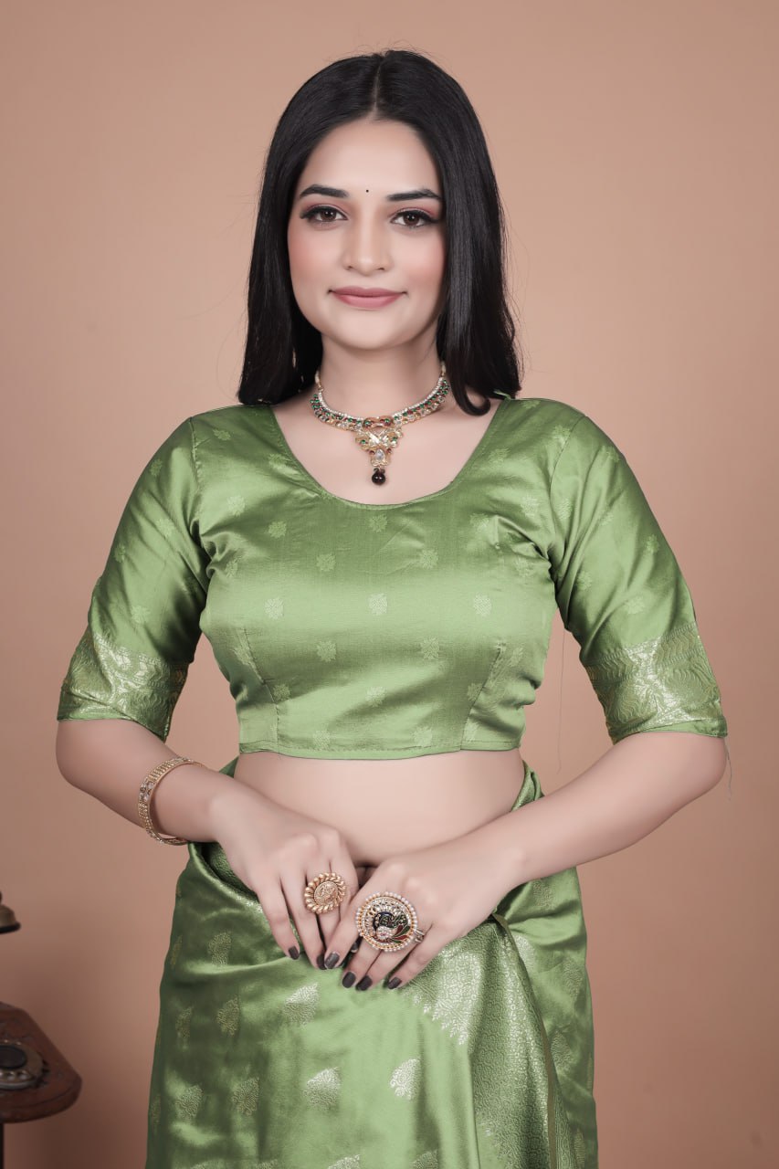 Mauve Green Banarasi Silk Saree with Gold Zari Peacock Work