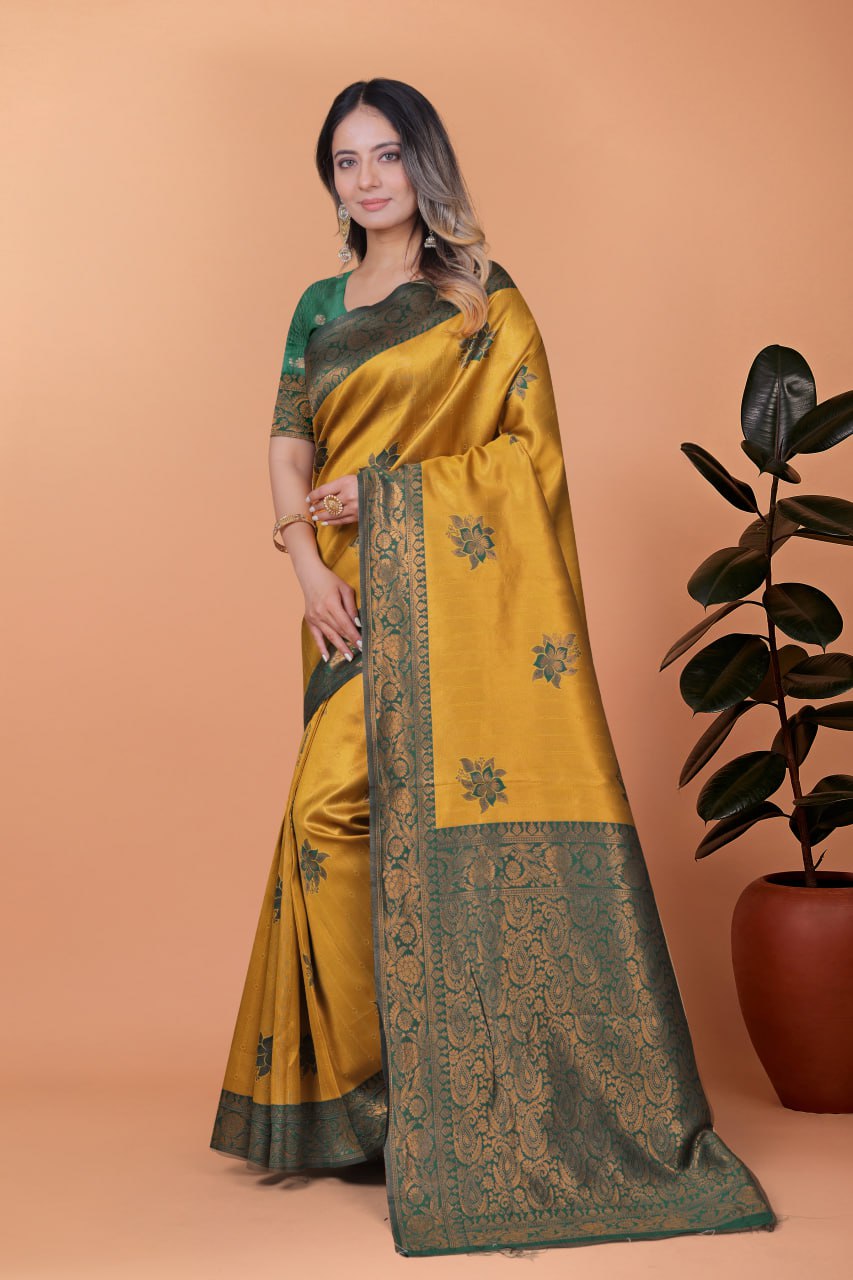 Golden Mustard & Bottle Green Banarasi Silk Saree with Floral Accents