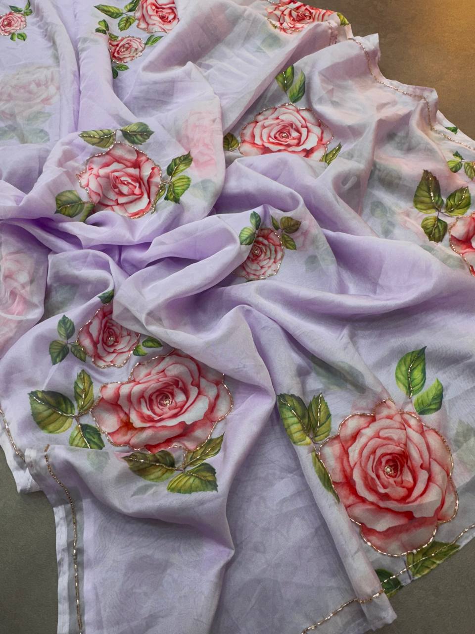 FLOWER HANDWORK CUT DANA ROSE SOFT TABI ORGANZA HANDWORK SAREE