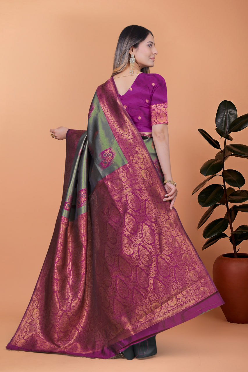 Graceful Banarasi Silk Saree in Grey-Green with Magenta Zari Border & Blouse Piece