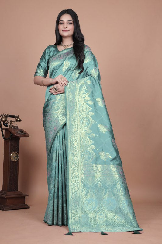 Teal Banarasi Silk Saree with Golden Zari Weaving