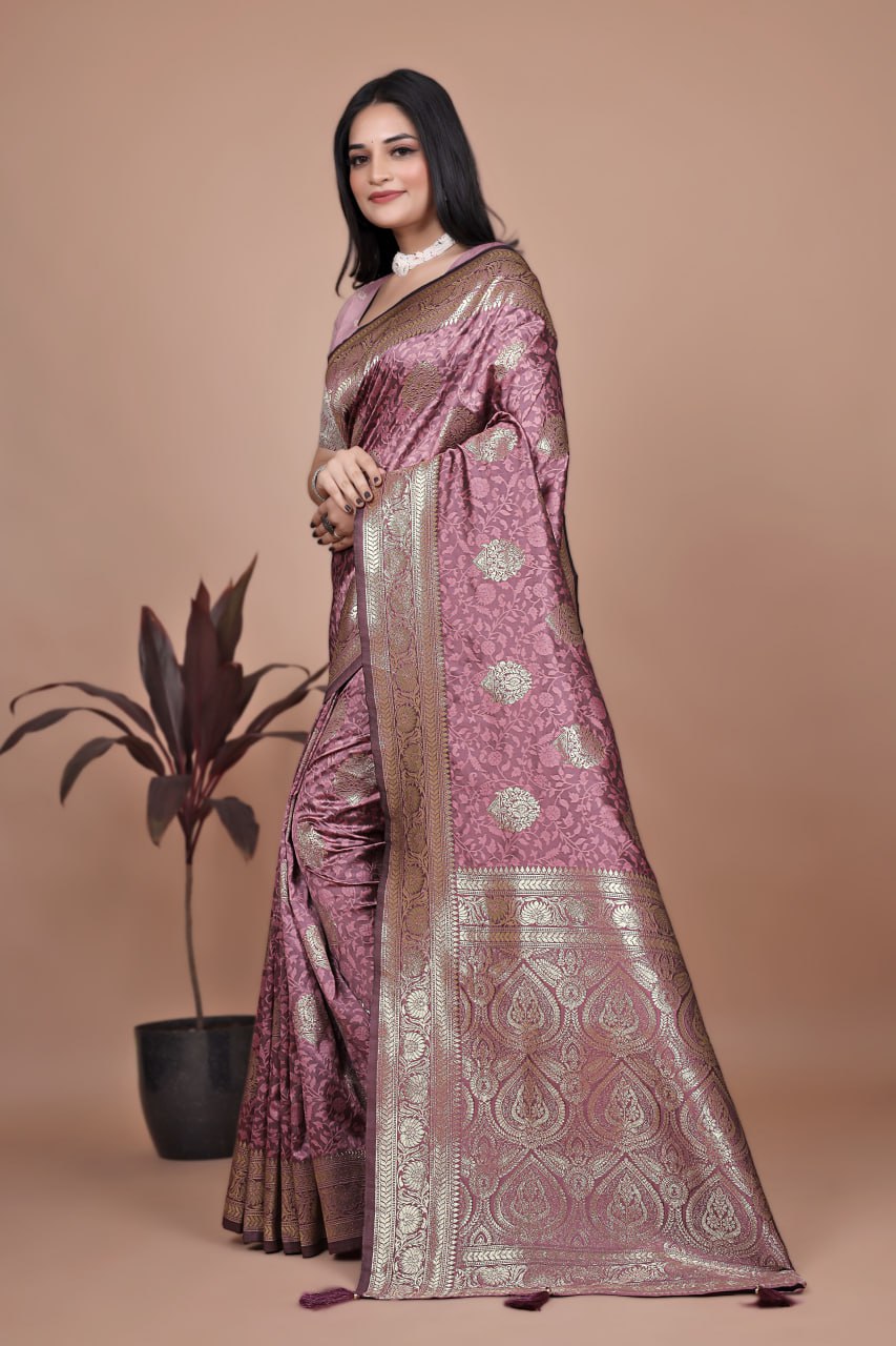 Dusty Rose Banarasi Silk Saree with Gold Zari Butti and Regal Pallu