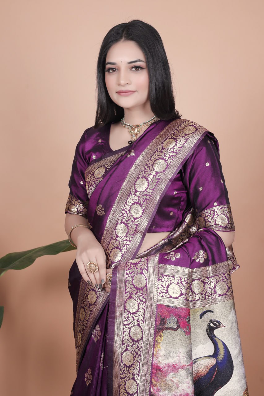 Royal Purple Banarasi Silk Saree with Peacock Pallu Design