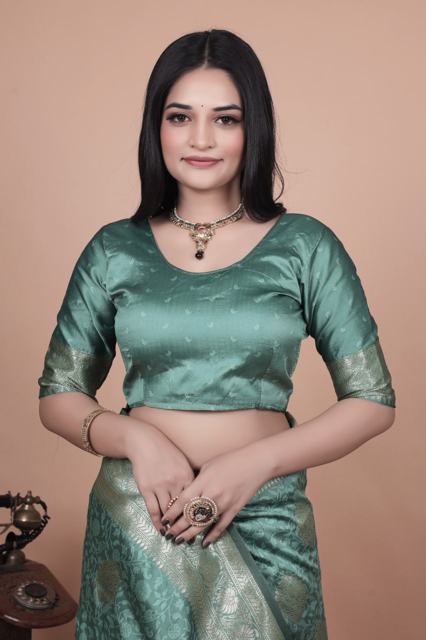 Pastel Teal Banarasi Silk Saree with Gold Zari Butti and Ornate Pallu