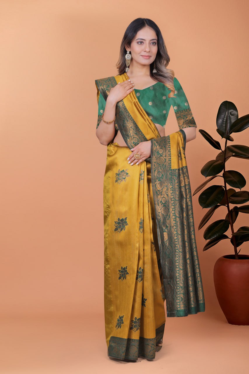 Golden Mustard & Bottle Green Banarasi Silk Saree with Floral Accents