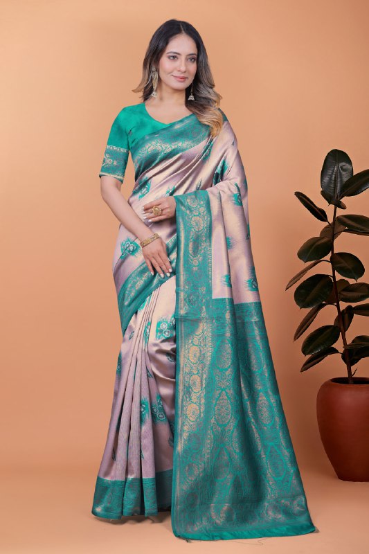 Light Lavender & Teal Green Banarasi Silk Saree with Zari Detailing