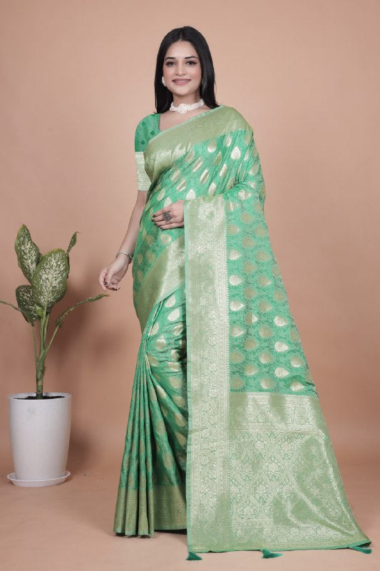 Emerald Green Banarasi Silk Saree with Golden Zari Butti and Rich Pallu