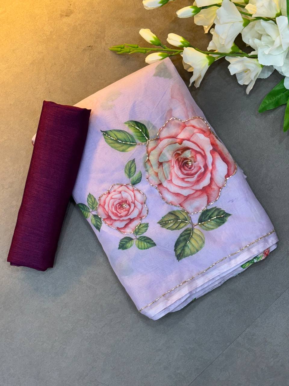 FLOWER HANDWORK CUT DANA ROSE SOFT TABI ORGANZA HANDWORK SAREE