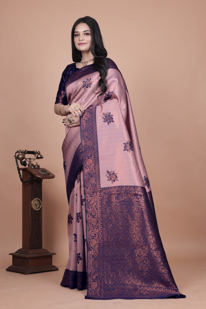 Mauve & Midnight Blue Banarasi Silk Saree with Lotus Motifs