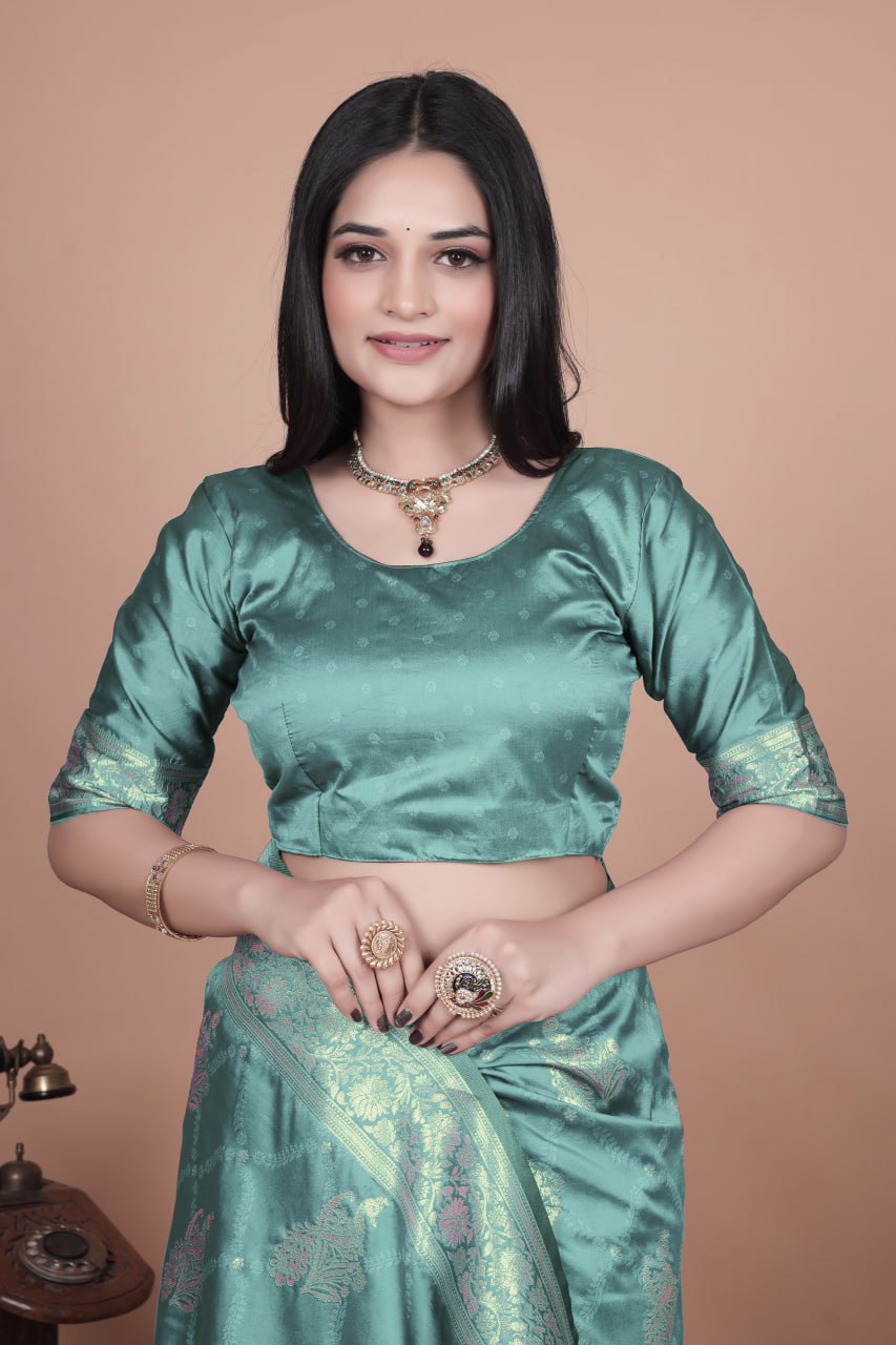 Teal Banarasi Silk Saree with Golden Zari Weaving