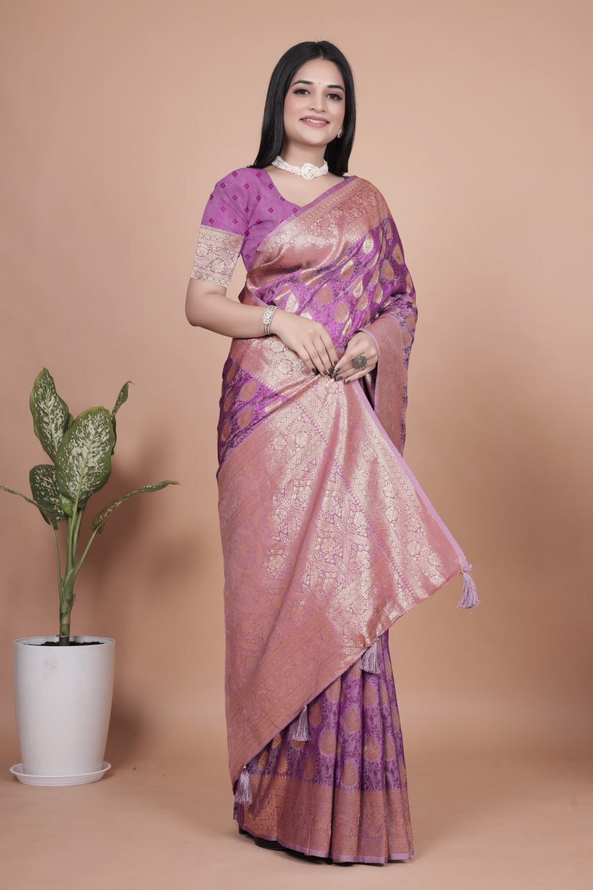 Royal Purple Banarasi Silk Saree with Golden Zari Butta Weaving