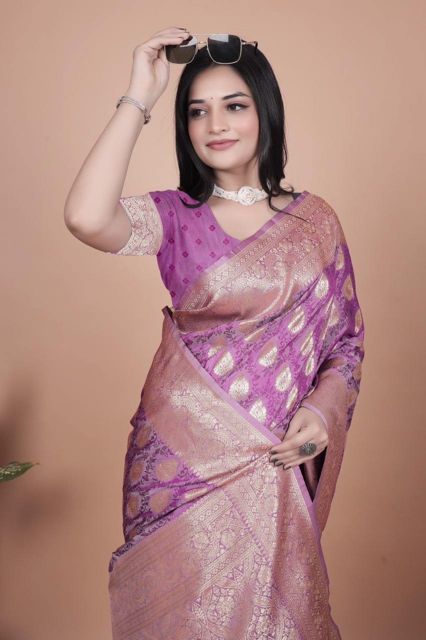 Royal Purple Banarasi Silk Saree with Golden Zari Butta Weaving