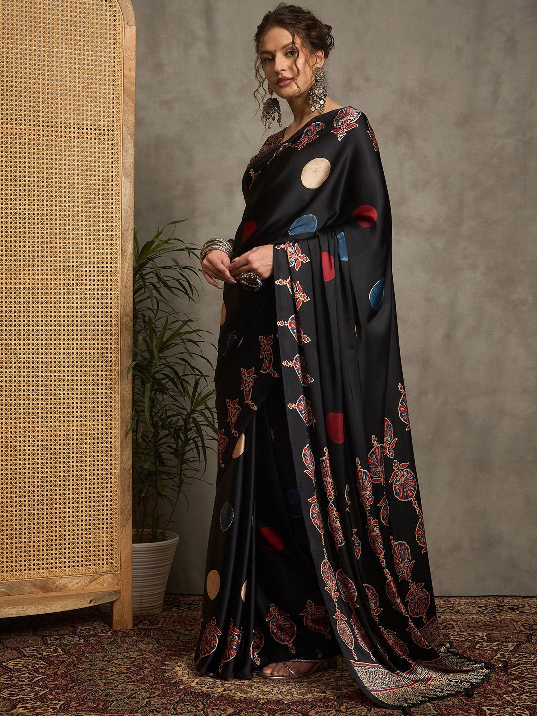 Black Gajji Silk Saree with Red Leaf Buta, Gold Border & Multicolor Abstract Pallu
