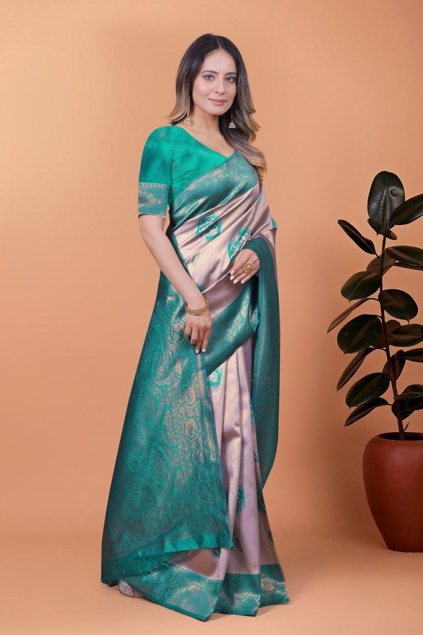 Light Lavender & Teal Green Banarasi Silk Saree with Zari Detailing