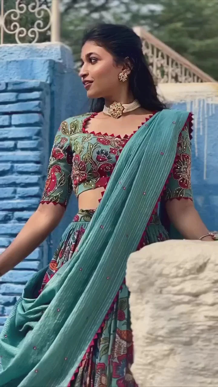 Elegant kalmakari lehenga , light shades to complement to create beautiful aura in all function