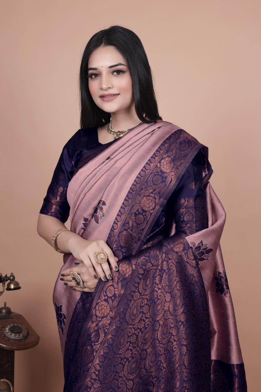 Mauve & Midnight Blue Banarasi Silk Saree with Lotus Motifs