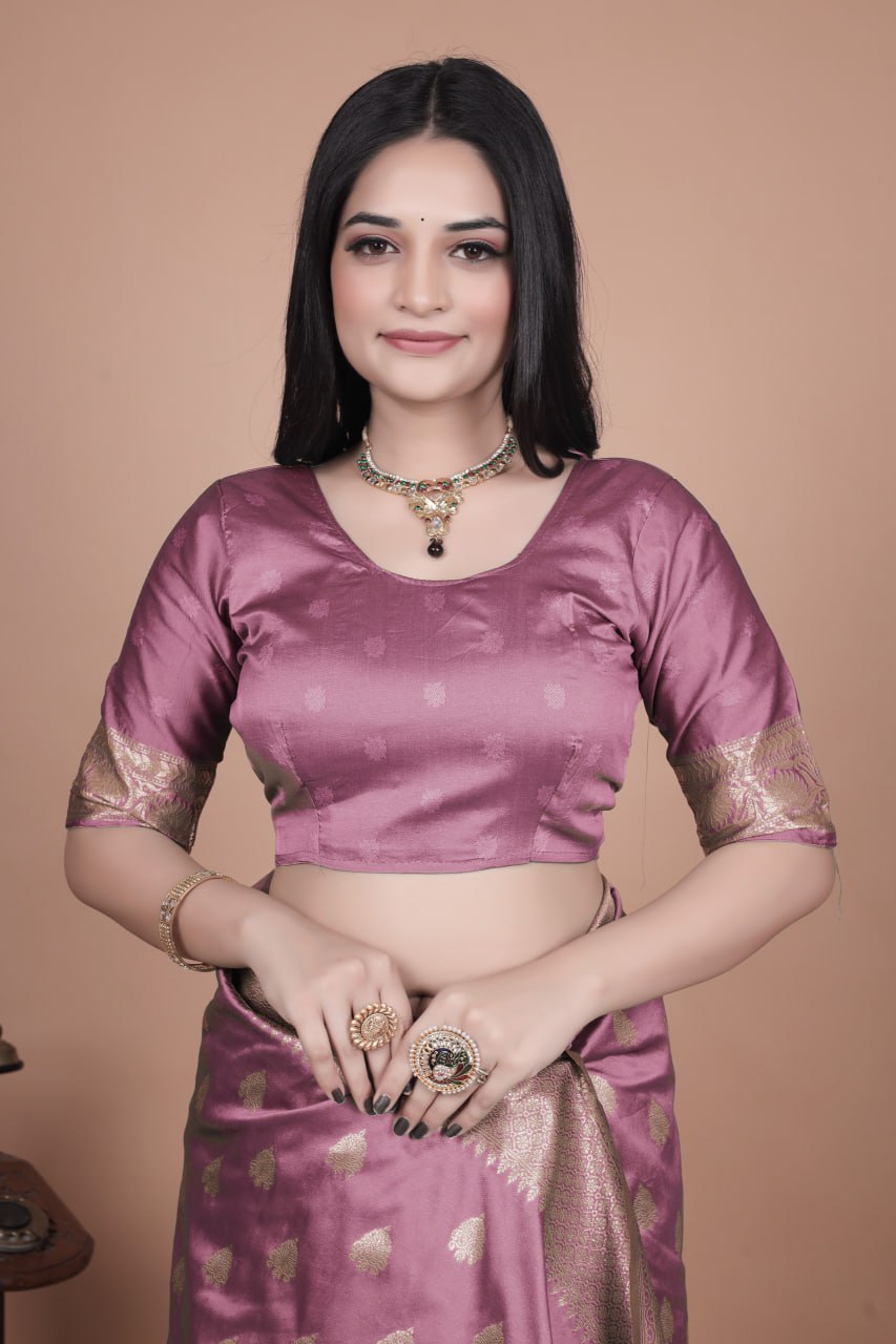 Mauve Purple Banarasi Silk Saree with Gold Zari Peacock Work