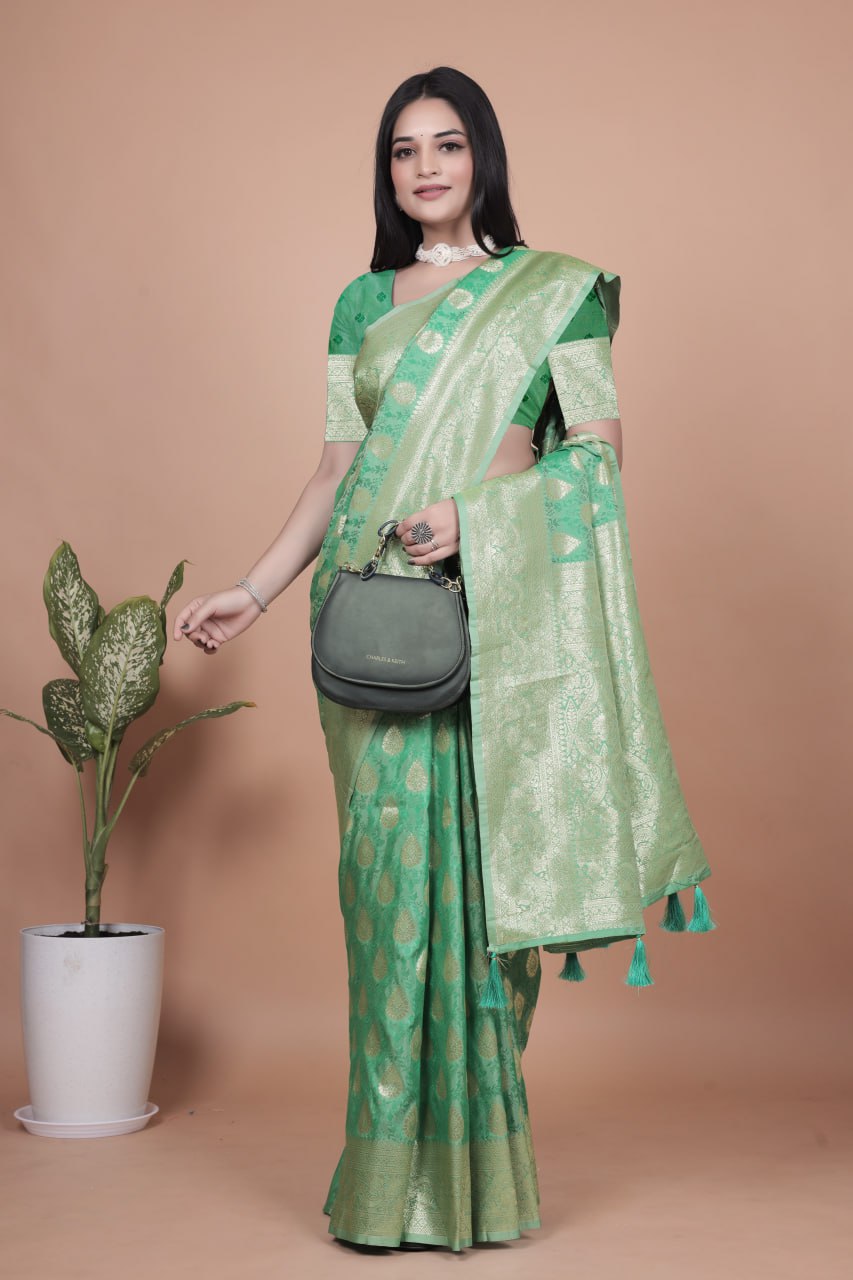Emerald Green Banarasi Silk Saree with Golden Zari Butti and Rich Pallu