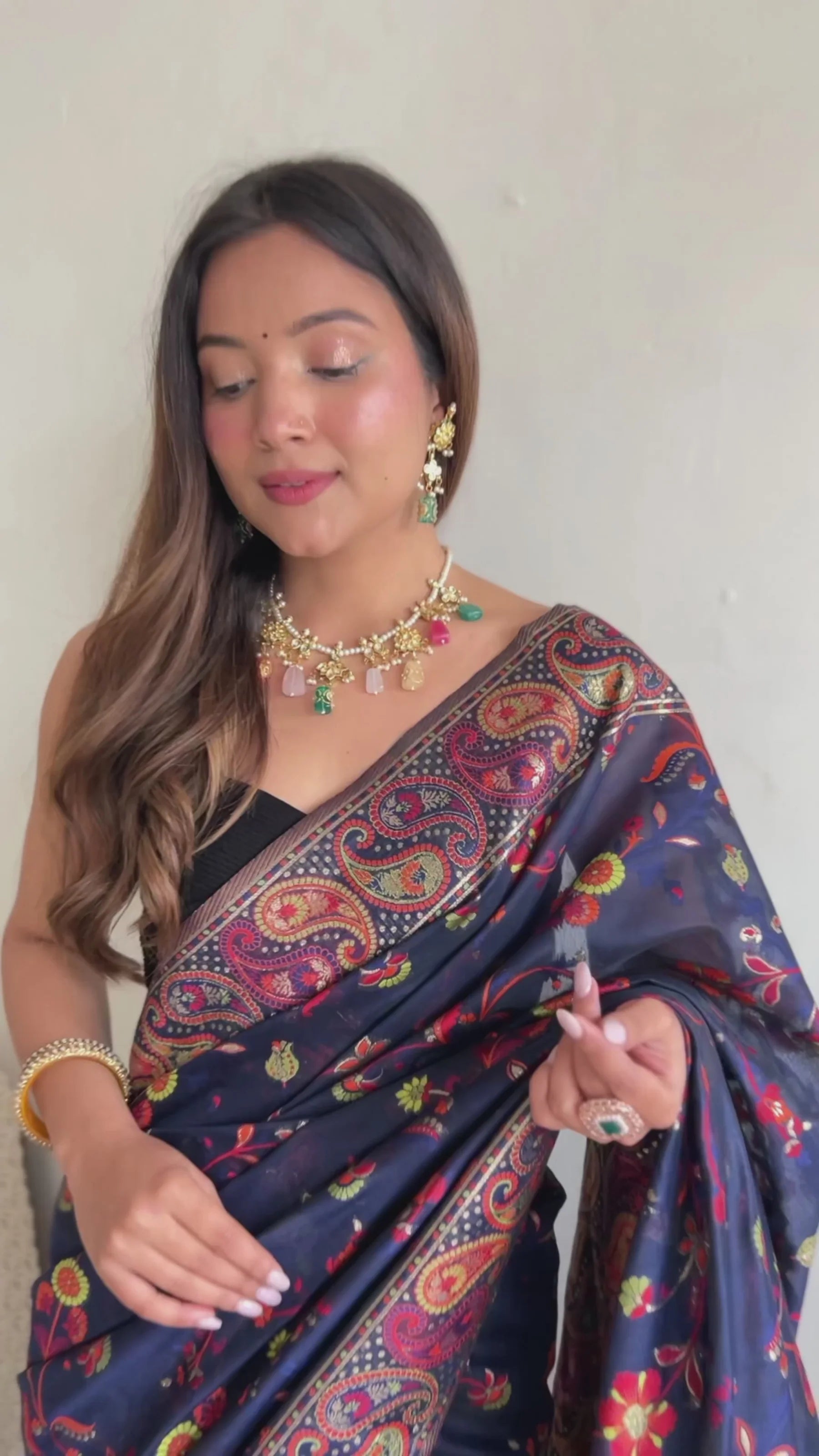 KASHMIRI PASHMINA COTTON KACHHI WORK MULTI THRADE SAREE