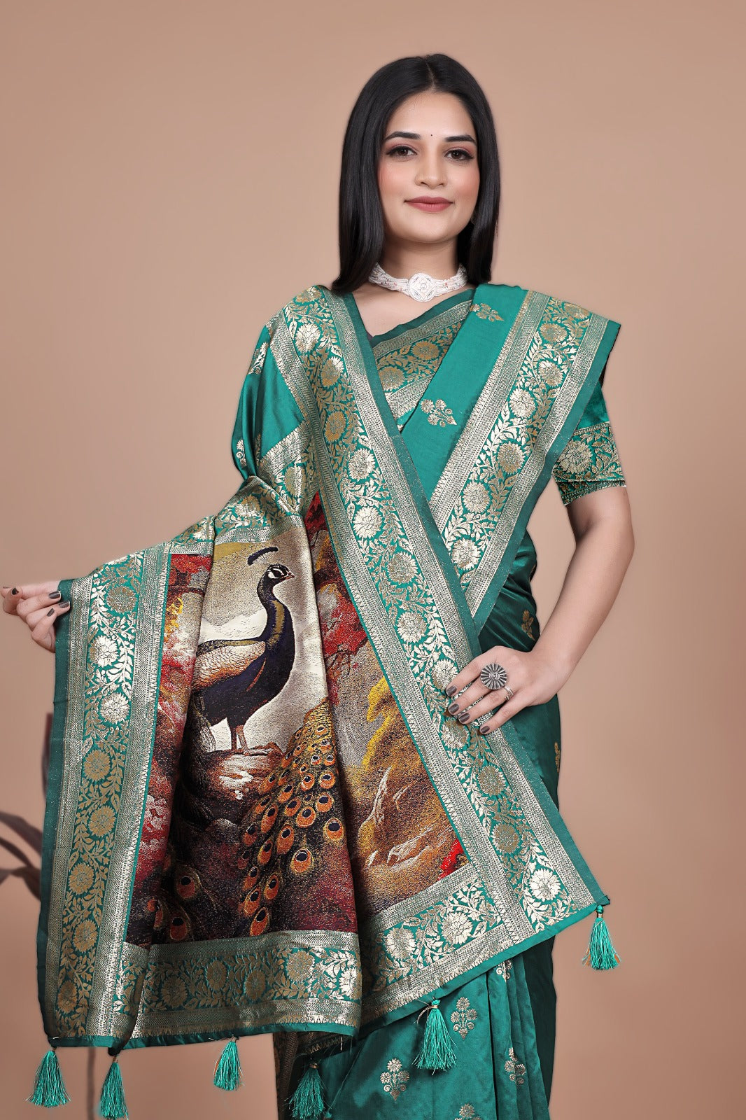 Emerald Green Banarasi Silk Saree with Artistic Peacock Pallu