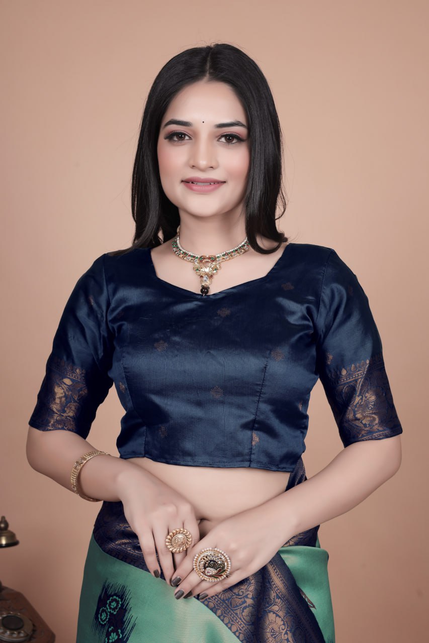 Sea Green & Navy Blue Banarasi Silk Saree with Zari Embellishment