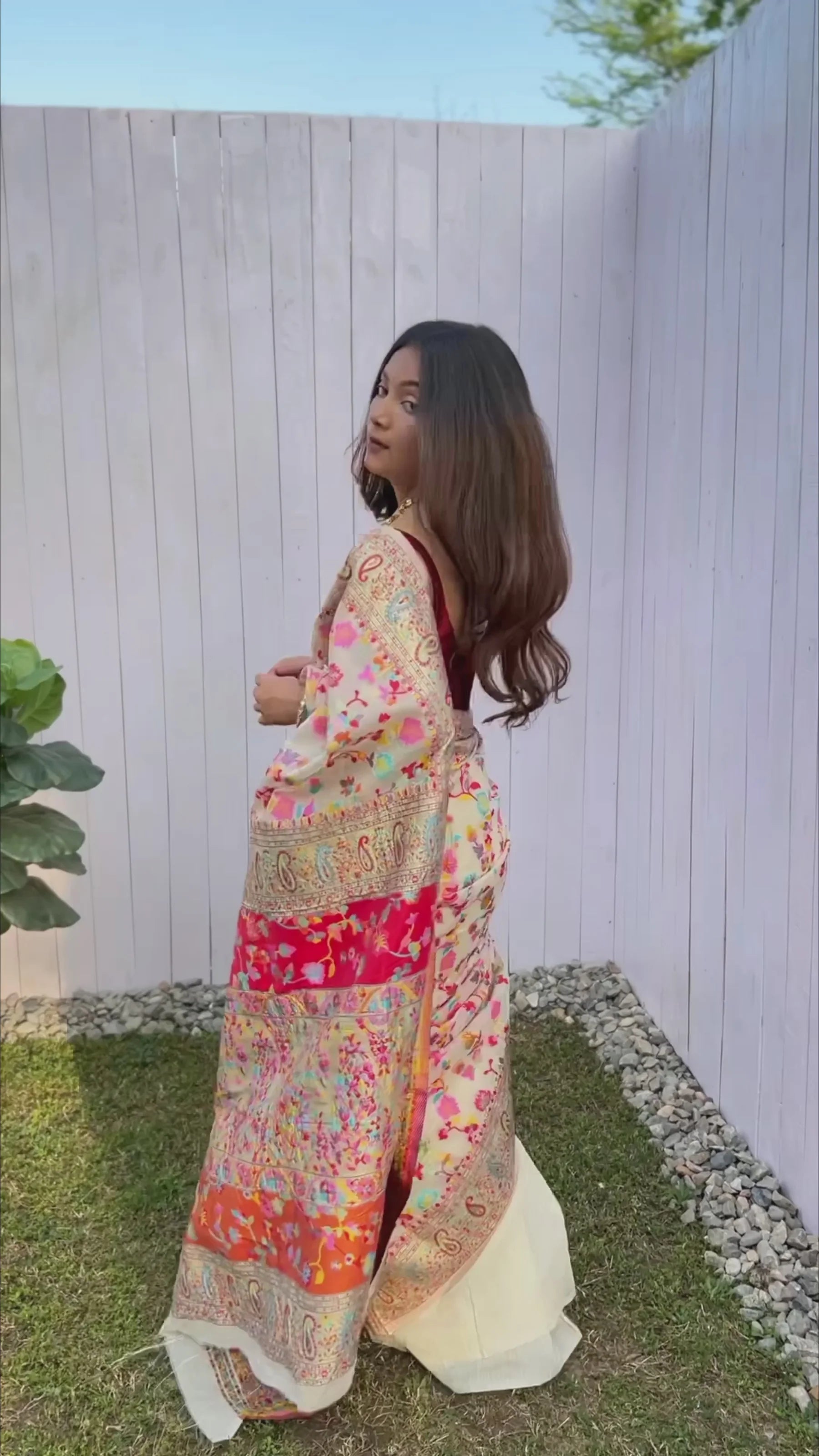 KASHMIRI PASHMINA COTTON KACHHI WORK MULTI THRADE SAREE