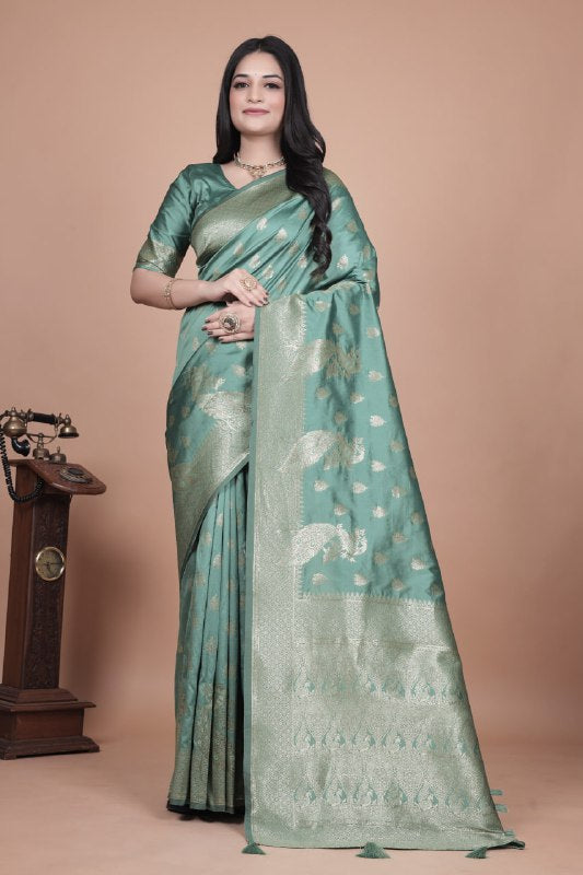Elegant Mint Green Banarasi Silk Saree with Zari Weaving