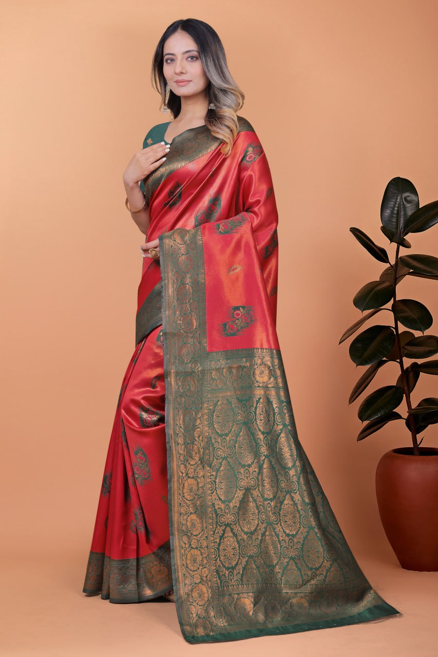 Red & Bottle Green Banarasi Silk Saree with Antique Zari Weaving