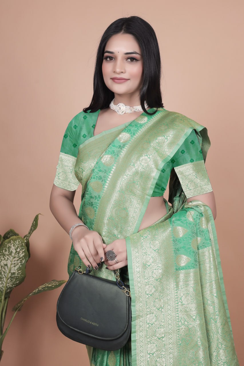 Emerald Green Banarasi Silk Saree with Golden Zari Butti and Rich Pallu