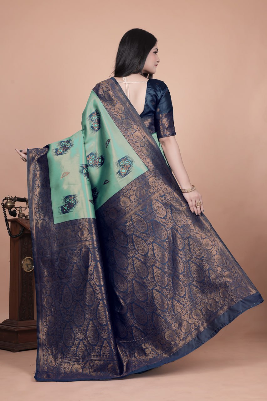 Sea Green & Navy Blue Banarasi Silk Saree with Zari Embellishment
