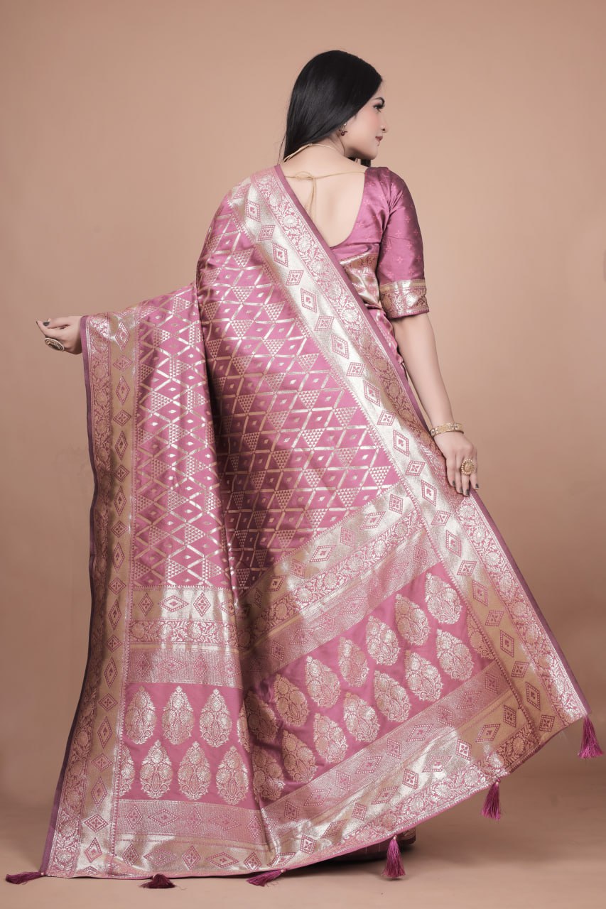 Mauve Banarasi Silk Saree with Silver Geometric and Floral Zari Work