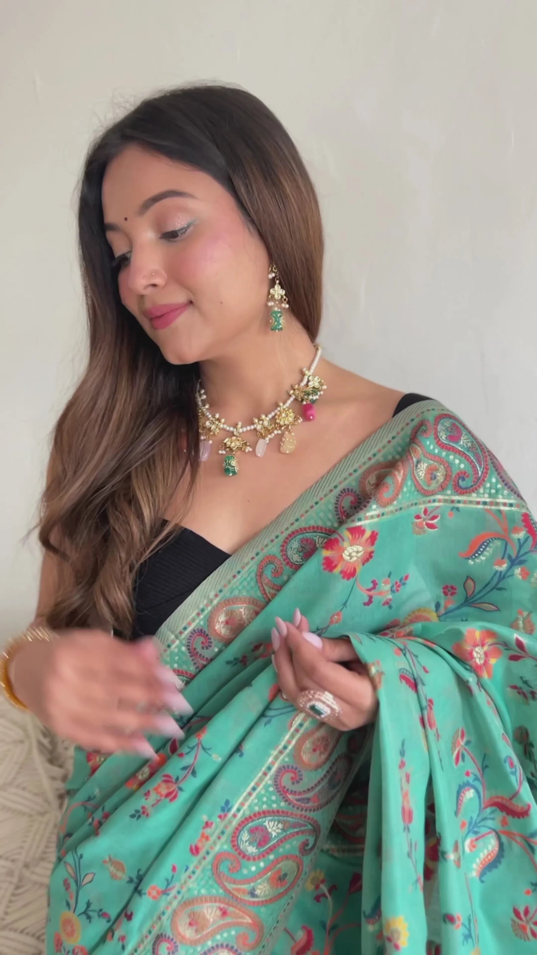 KASHMIRI PASHMINA COTTON KACHHI WORK MULTI THRADE SAREE