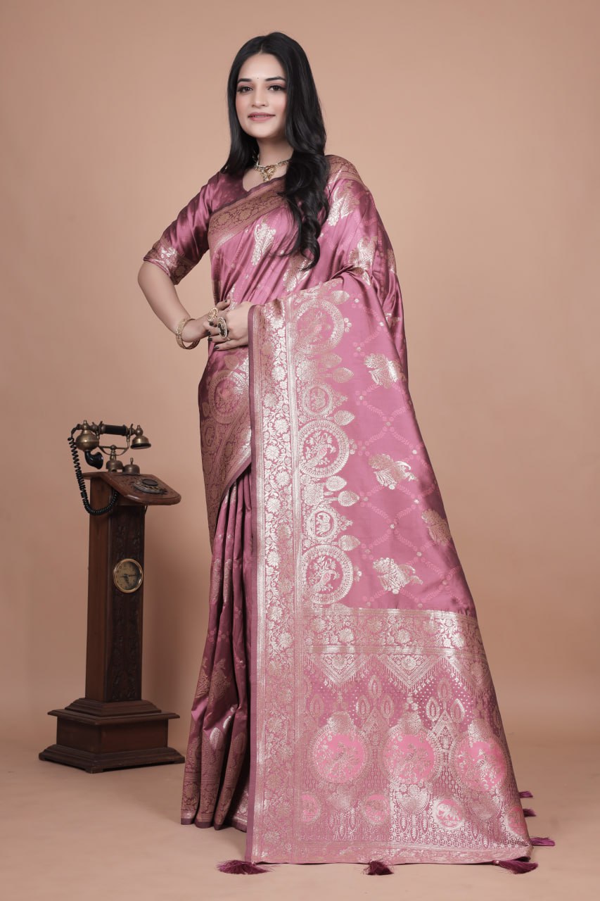 Rose Pink Banarasi Silk Saree with Intricate Silver Zari Weave