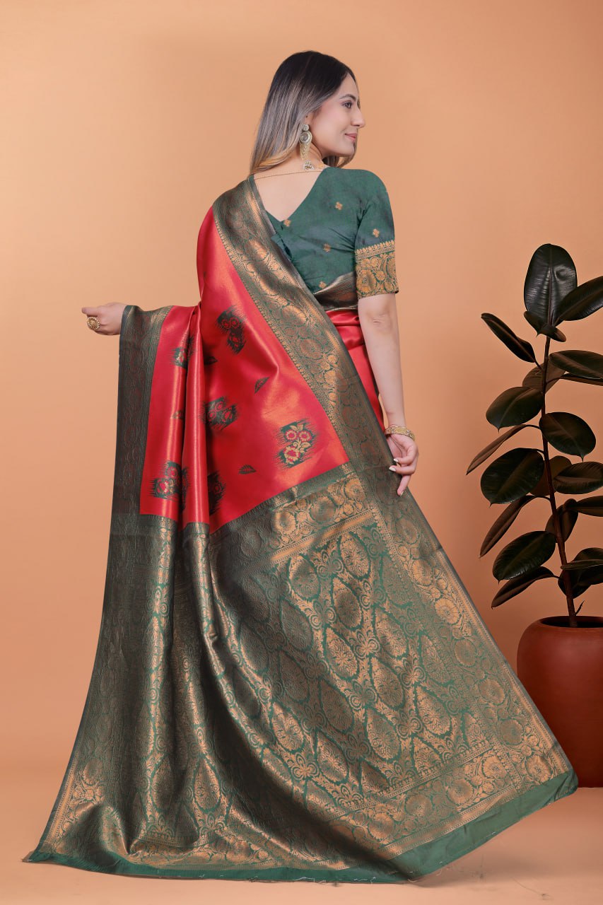 Red & Bottle Green Banarasi Silk Saree with Antique Zari Weaving