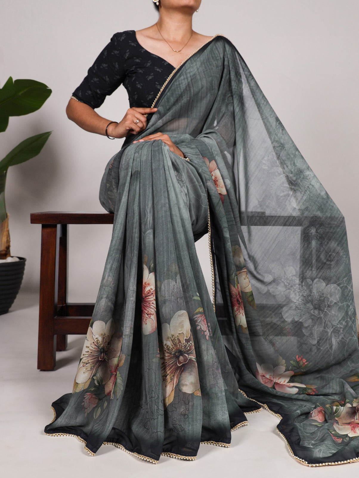 Georgette Floral Print With Lace Border Saree