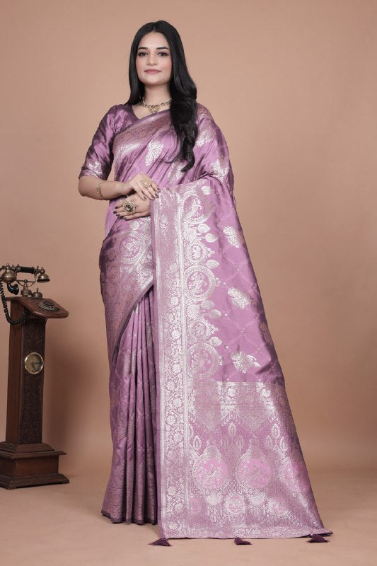 Lavender Banarasi Silk Saree with Silver Zari Weaving