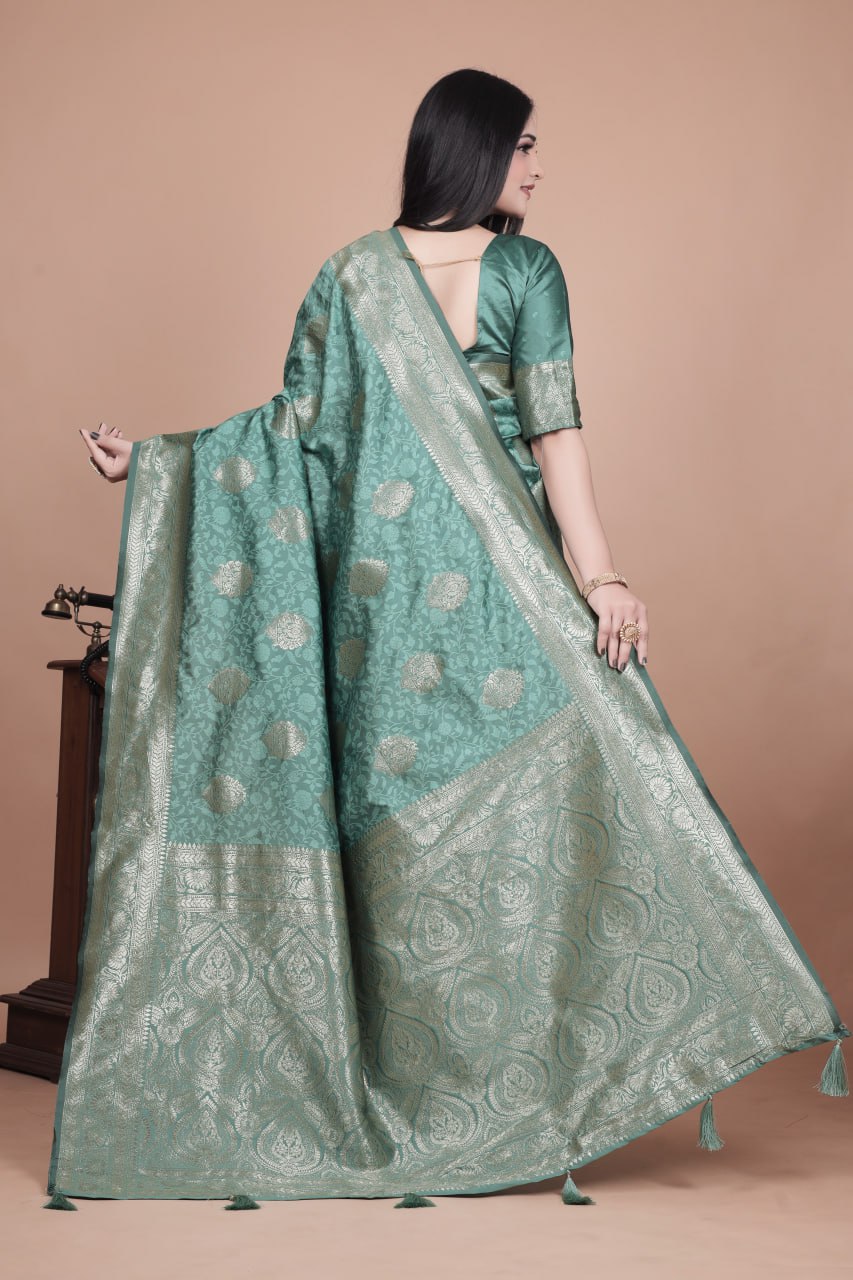 Pastel Teal Banarasi Silk Saree with Gold Zari Butti and Ornate Pallu