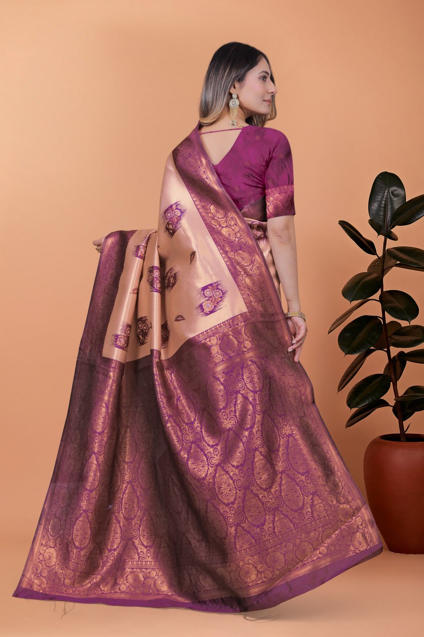 Beige & Plum Zari Woven Banarasi Silk Saree