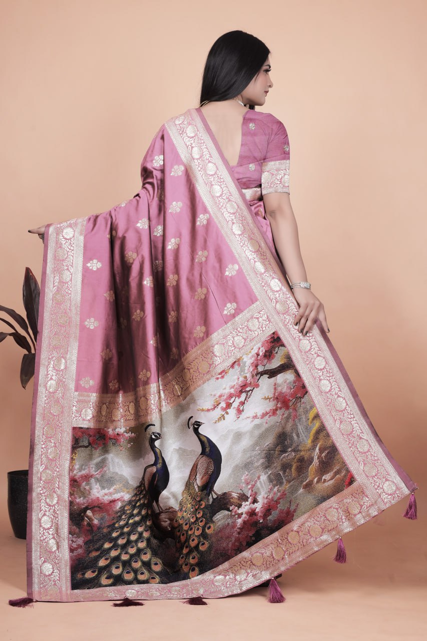 Rosewood Pink Banarasi Silk Saree with Artistic Peacock Pallu