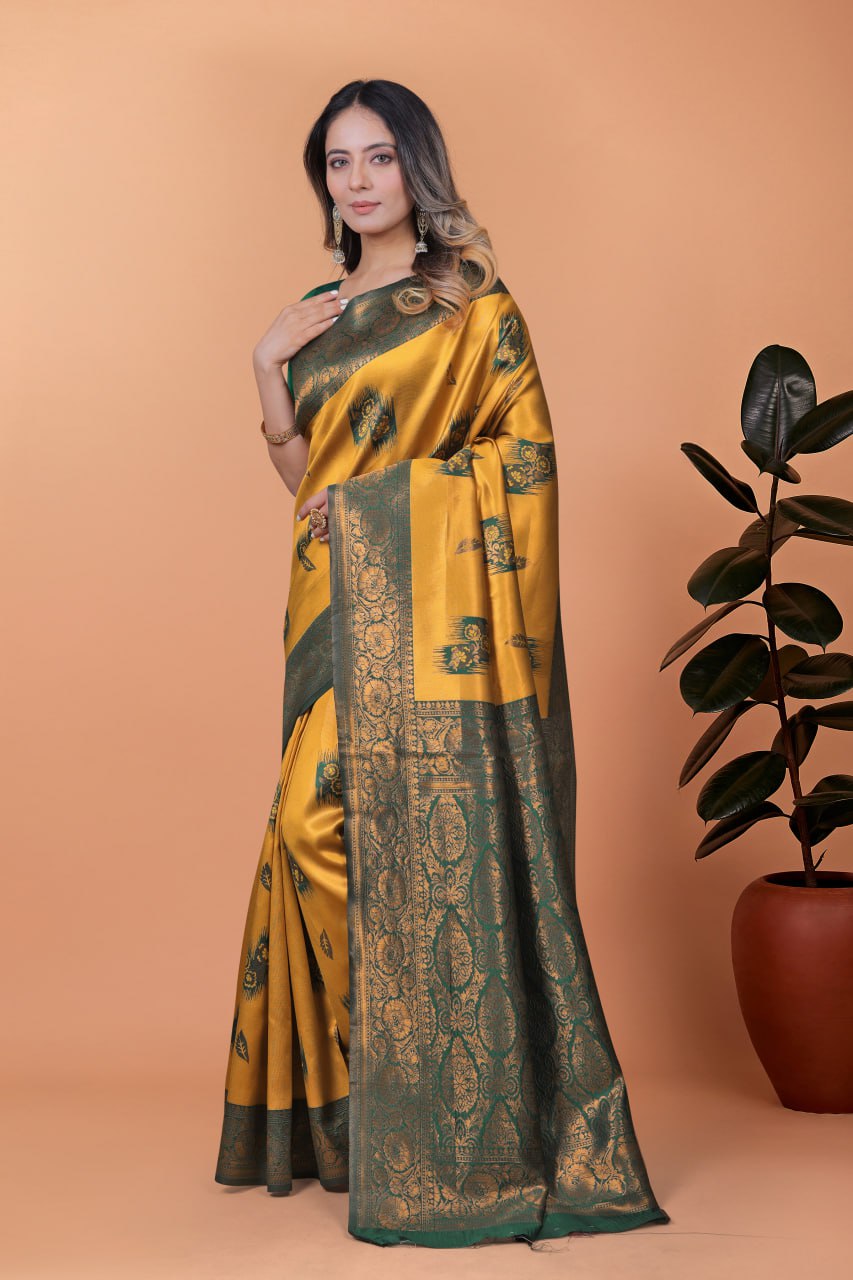 Mustard Yellow & Green Banarasi Silk Saree with Zari Weaving