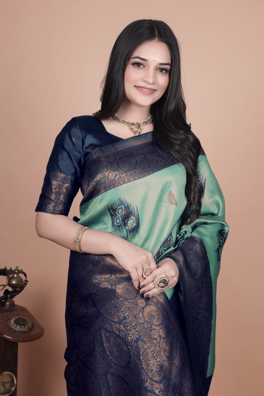 Sea Green & Navy Blue Banarasi Silk Saree with Zari Embellishment