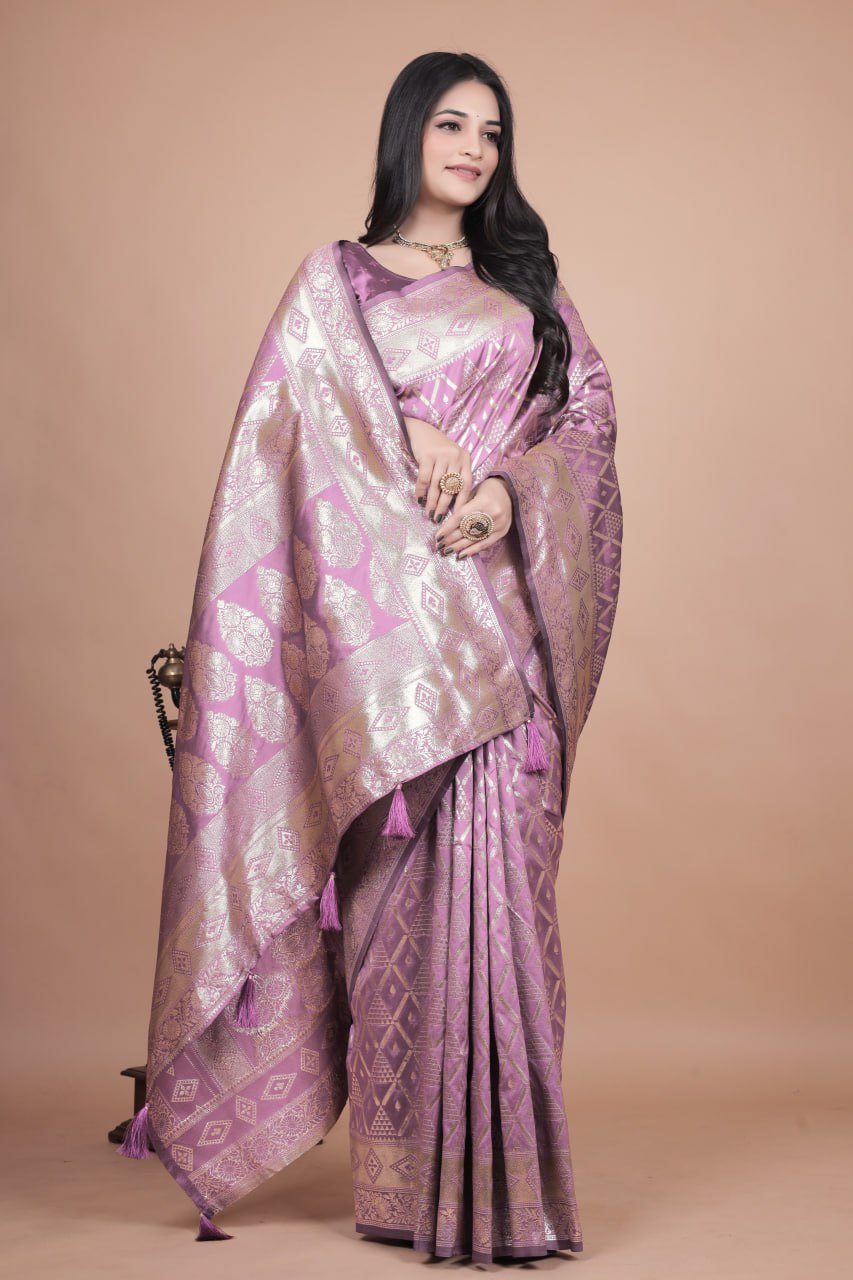 Lavender Banarasi Silk Saree with Silver Zari Geometric and Floral Design