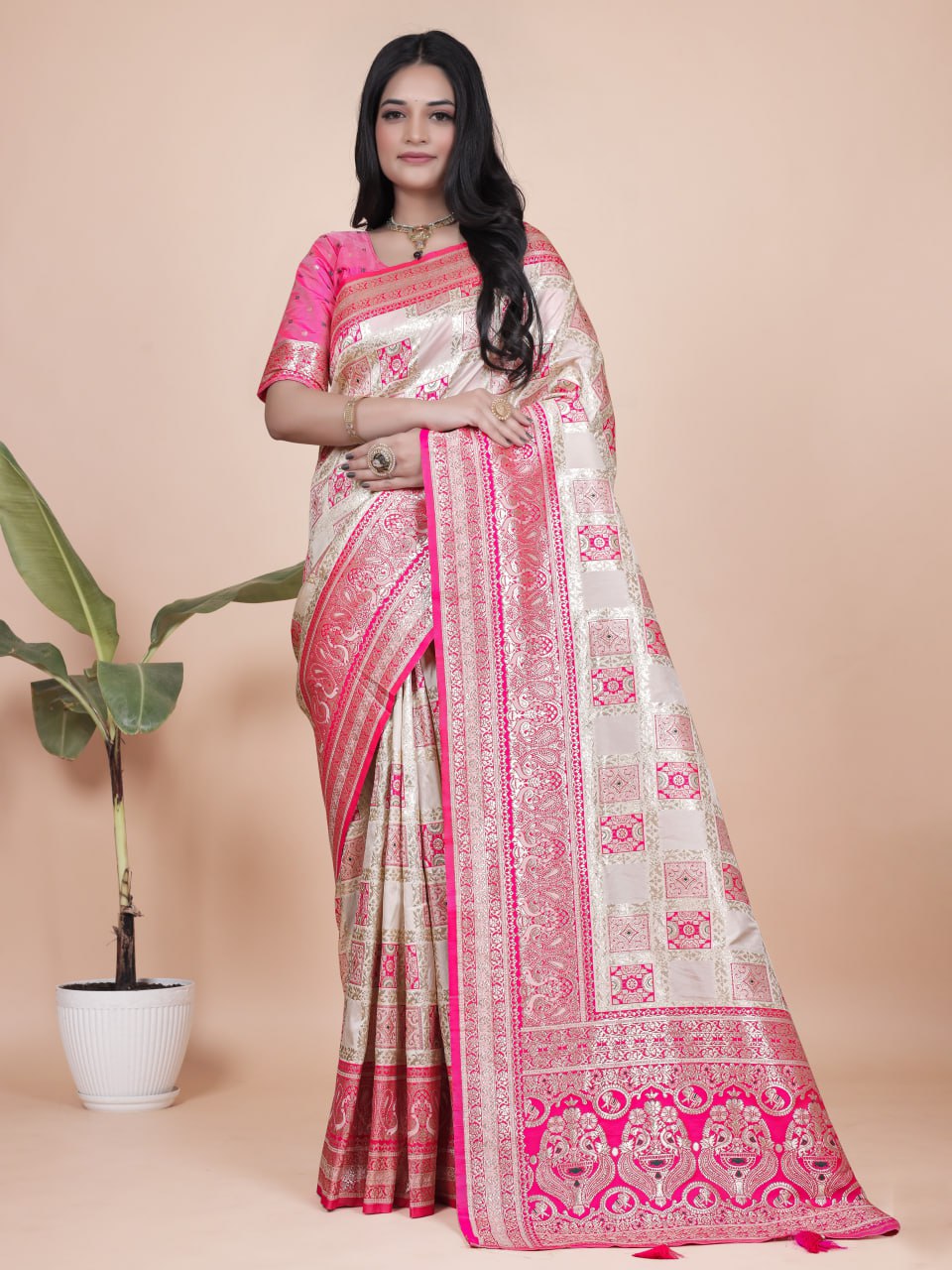 Cream and Pink Banarasi Silk Saree with Rich Silver Zari Weaving