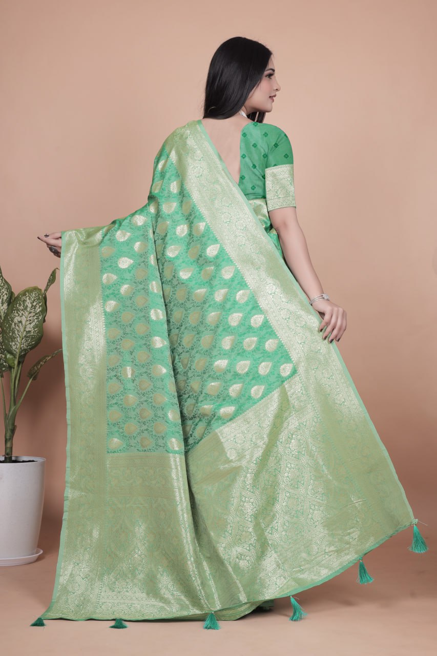 Emerald Green Banarasi Silk Saree with Golden Zari Butti and Rich Pallu