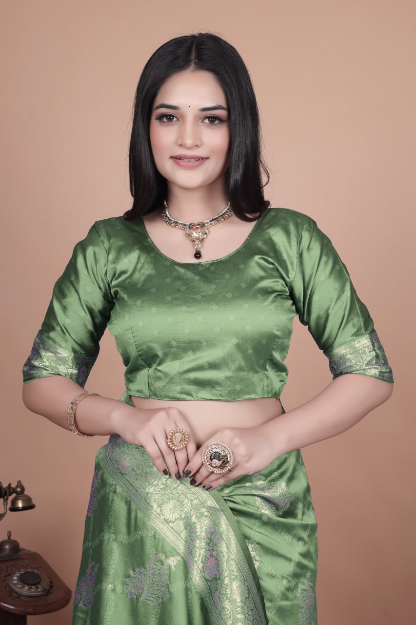 Mint Green Banarasi Silk Saree with Golden Zari Weaving