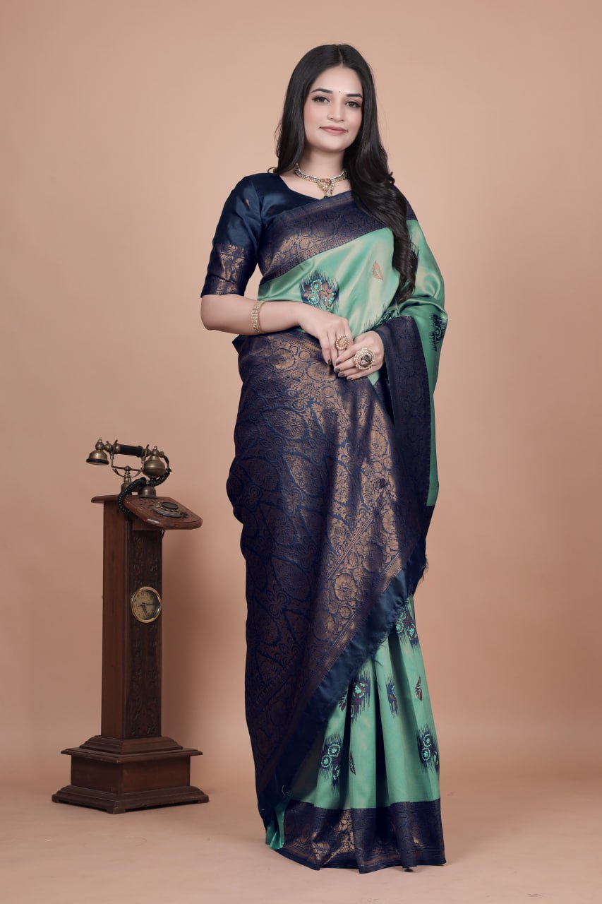 Sea Green & Navy Blue Banarasi Silk Saree with Zari Embellishment
